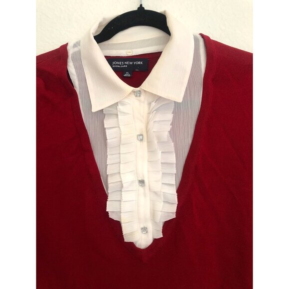 JONES NEW YORK SIGNATURE- WOMENS RED LONG SLEEVE RUFFLE SLEEVES SIZE X-LARGE - Picture 4 of 9